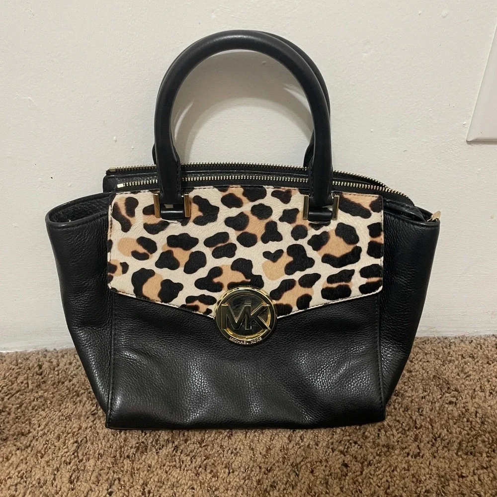 Michael Kors Black‎ Leopard Trim Satchel Handbag Gold MK Logo